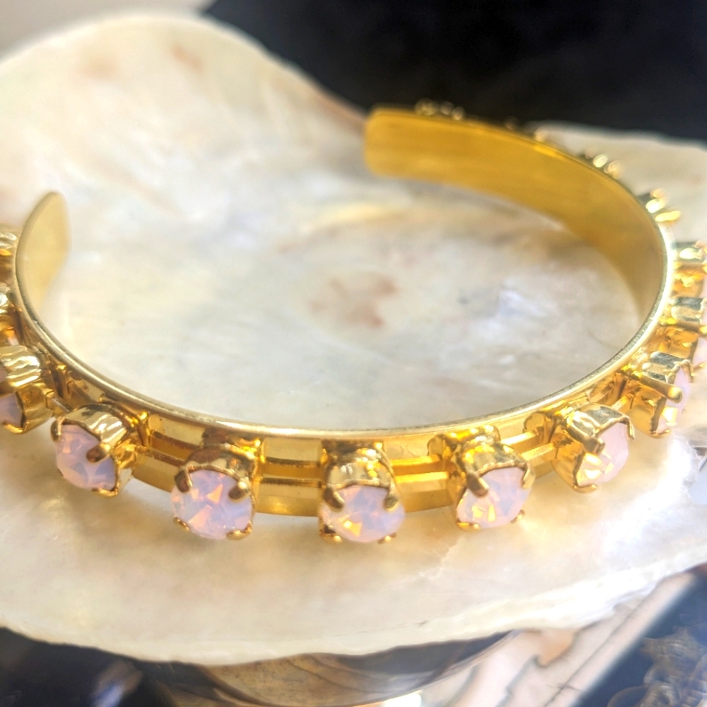 Pink Opal Rose Water Crystal Cuff Bracelet in 14k Gold Plated